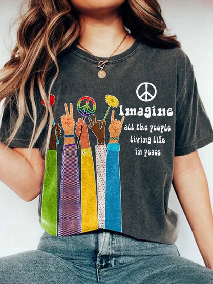 Retro Hippie Imagine All The People Living Life In Peace Print Shirt