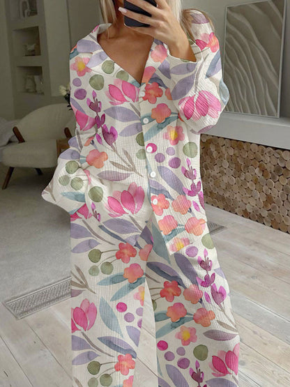 Women's Watercolor Floral Print Loose Loungewear Set