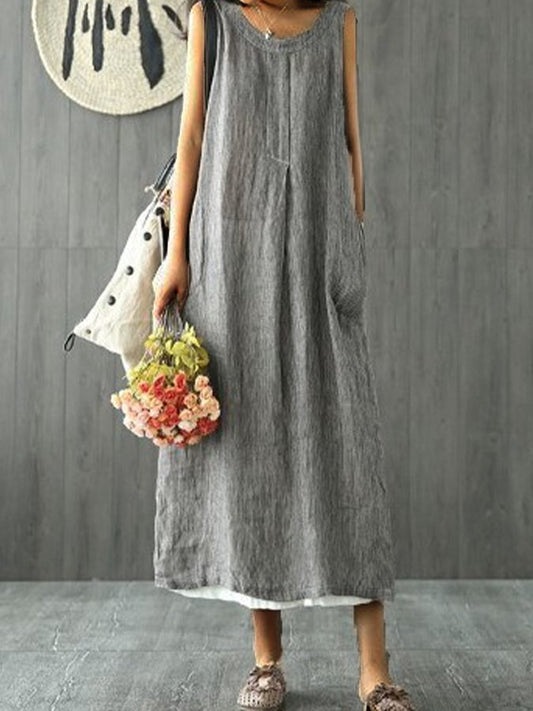 Women's Solid Color Round Neck Loose Sleeveless Cotton Linen Dress