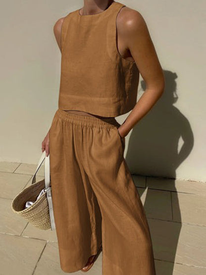 Solid Color Round-Neck Sleeveless Vest + Elasticity Wide Leg Pants Two Pieces Set