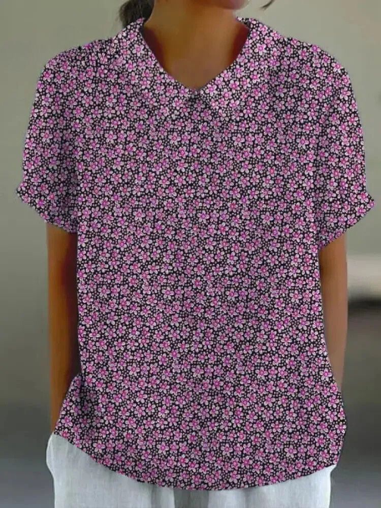 Purple Floral Print Short Sleeve Top