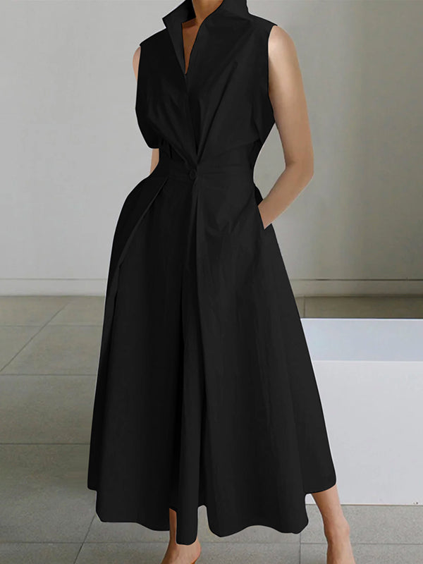 Sleeveless Solid Color Lapel Midi Dresses