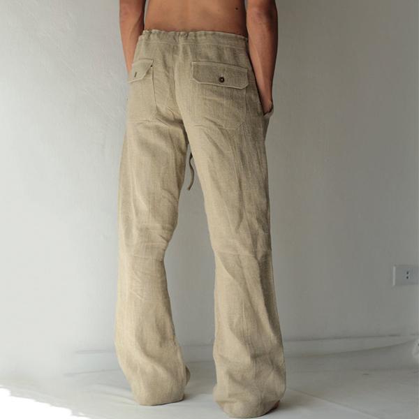 Loose Fit Leisure Trousers Drawstring Elastic Waist Solid Color Linen Straight Pants Long Pants Homewear
