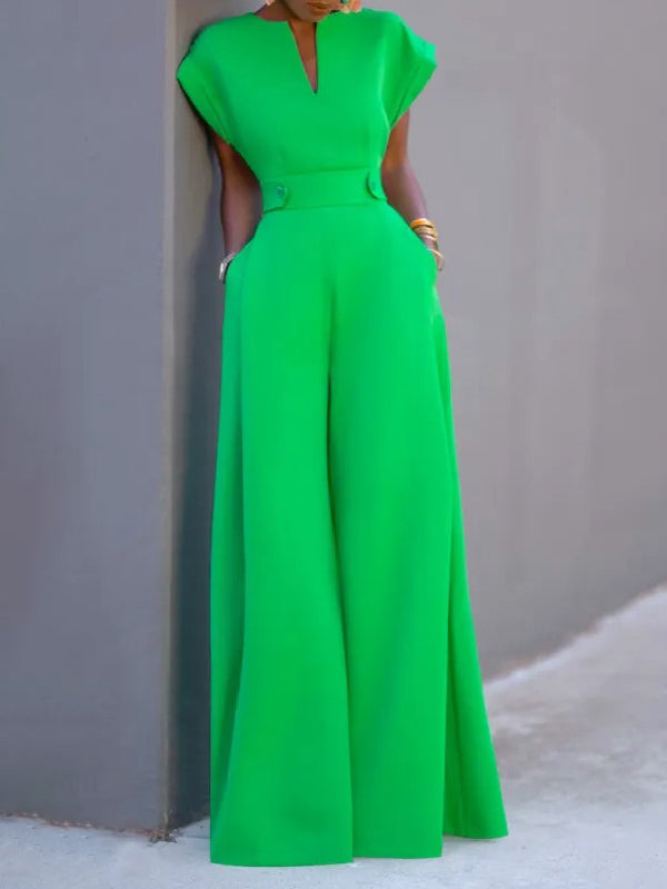 Urban Cap Sleeve Solid Color Wide Leg Jumpsuits