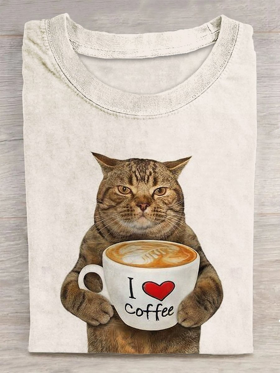 I Love Coffee Cat Print Casual T-shirt