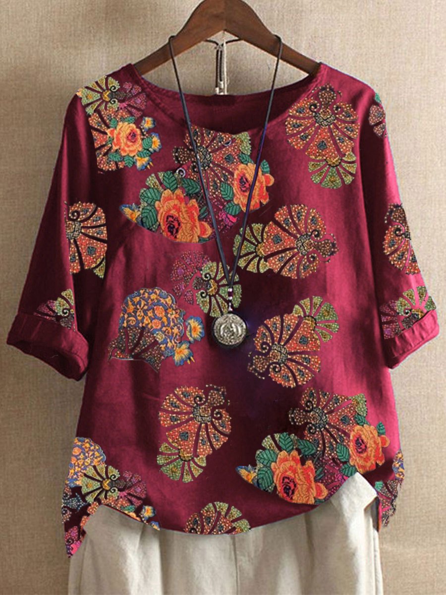 Soft Cotton Linen Short Sleeve Printed O-Neck Ladies blouses Tops