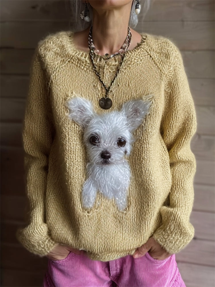 Vintage Fuzzy White Chihuahua Dog Cozy Knit Sweater
