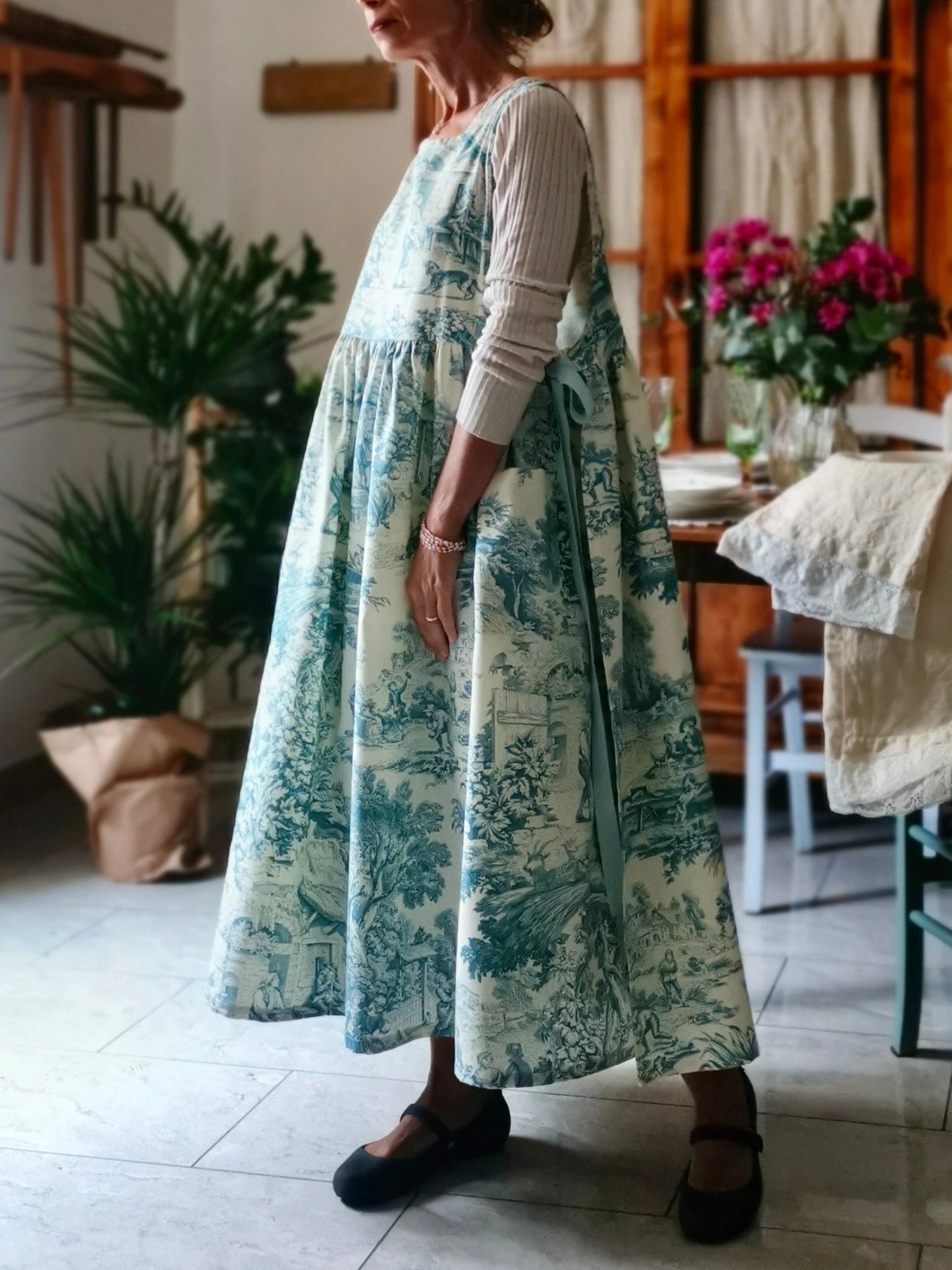 Vintage Teal Blue Long Apron