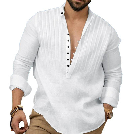 Men's Solid Color Stand Collar Pleated Button Long Sleeve Shirt