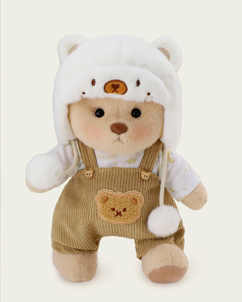 Getahug White Mink Hat Brown Overalls Bear | Handmade Jointed Teddy Bear Gift