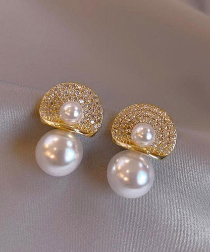 Chic 18K Gold Pearl Zircon Pearl Stud Earrings