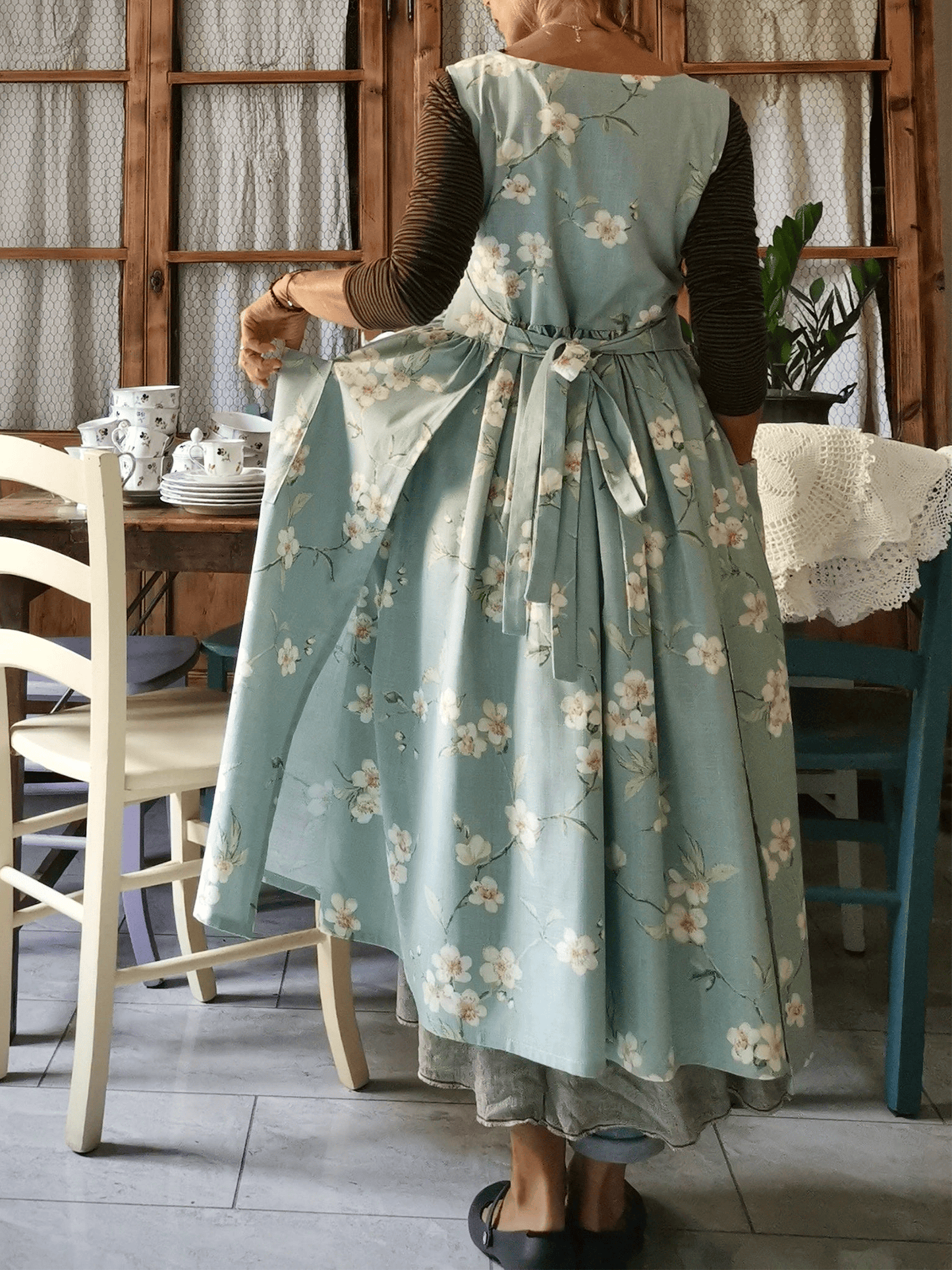 Vintage Light Blue Floral Apron