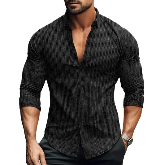 Men's Solid Color Lapel Long Sleeve Waffle Casual Shirt