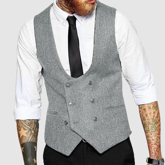Men's Herringbone Cashmere Double-Breasted V-Neck Suit Vest