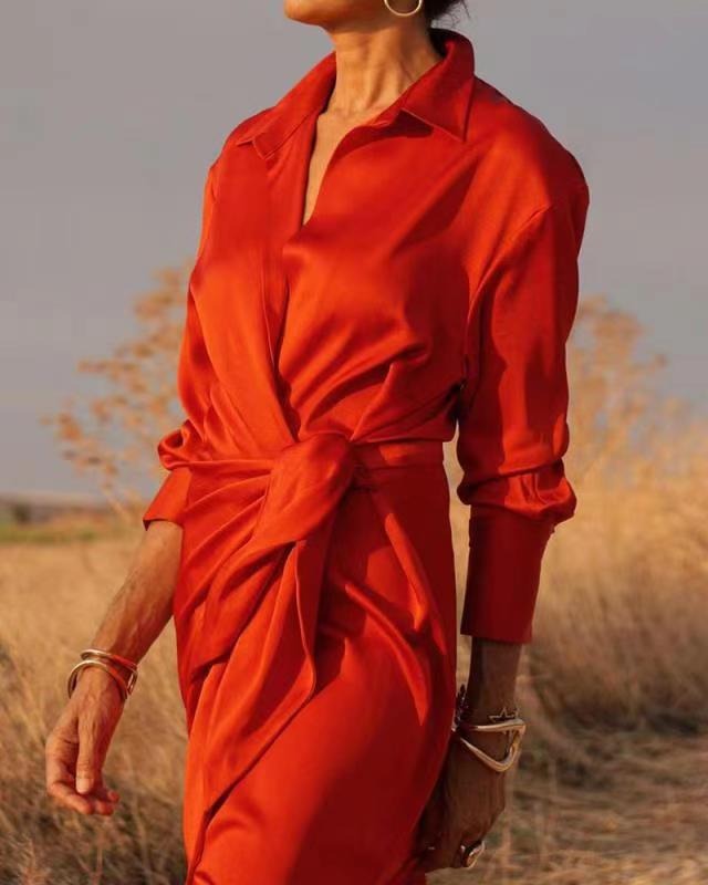 Red Satin Wrap Shirt Maxi Dress