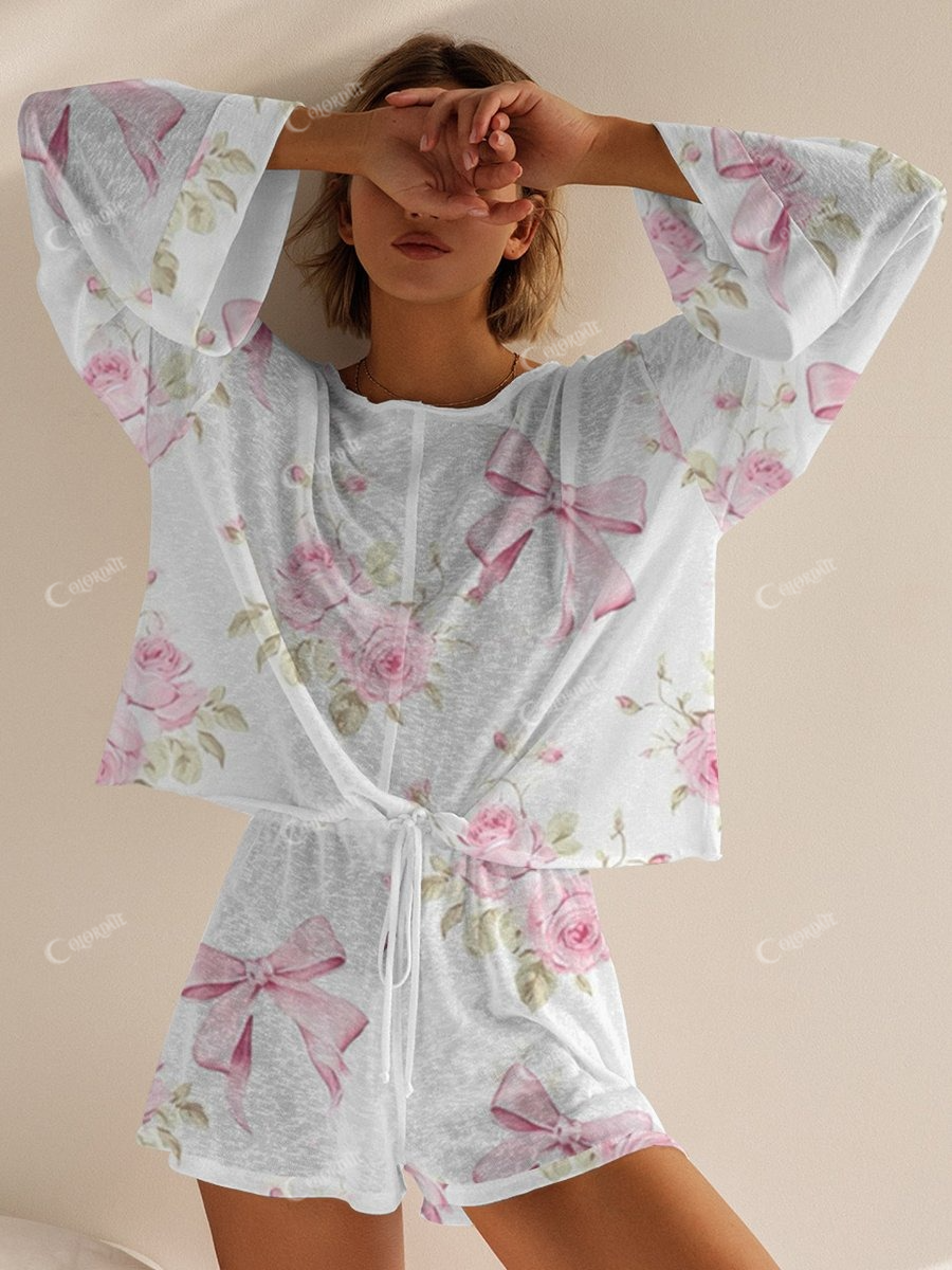 Ladies Pink Bow Flower Lounge Suit