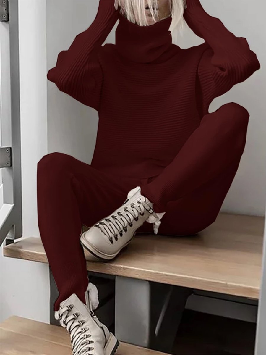 Turtleneck Knitted Two Pieces Pants Suits