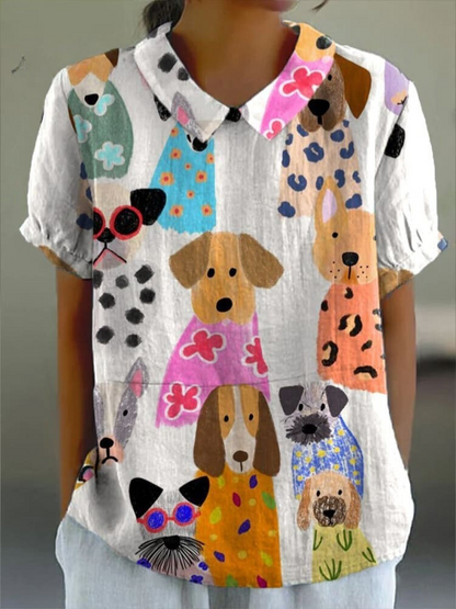 Women's Colorful Fun Cartoon Puppy Print Casual Cotton And Linen Shirt