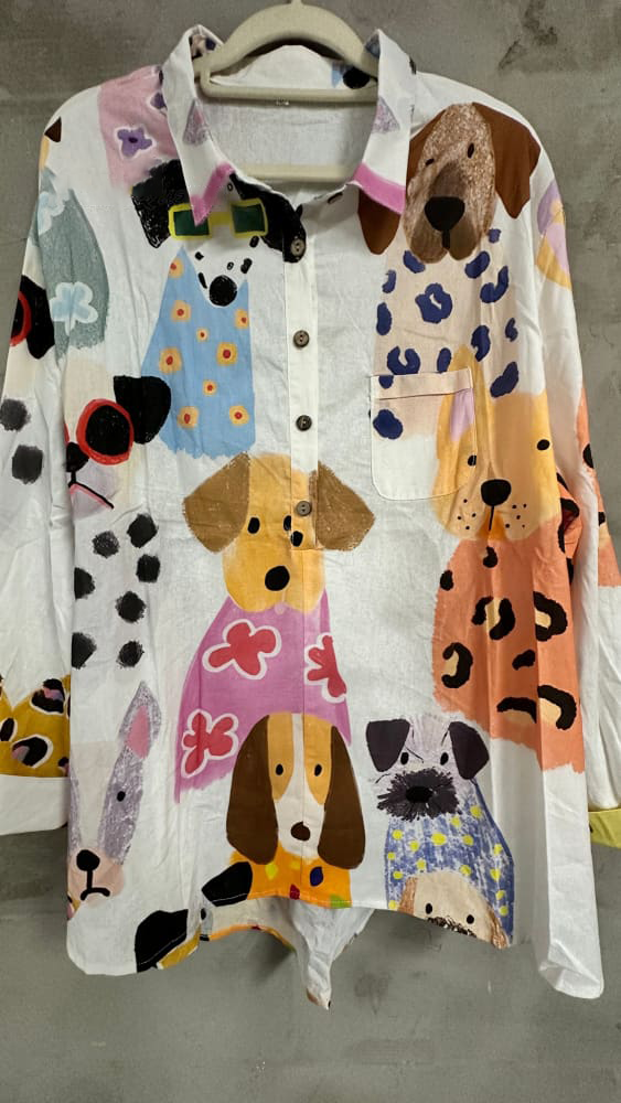 Women's Colorful Fun Cartoon Puppy Print Casual Cotton And Linen Shirt