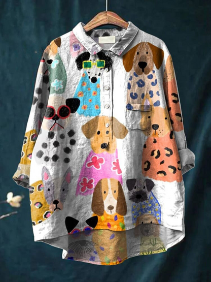 Women's Colorful Fun Cartoon Puppy Print Casual Cotton And Linen Shirt