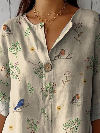 Boughs And Robin Birds Pattern Printed Women's Casual Cotton Linen Shirt