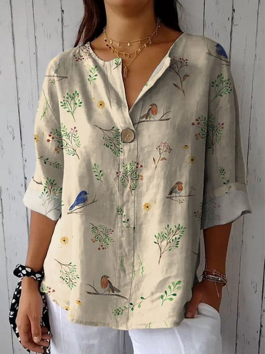 Boughs And Robin Birds Pattern Printed Women's Casual Cotton Linen Shirt