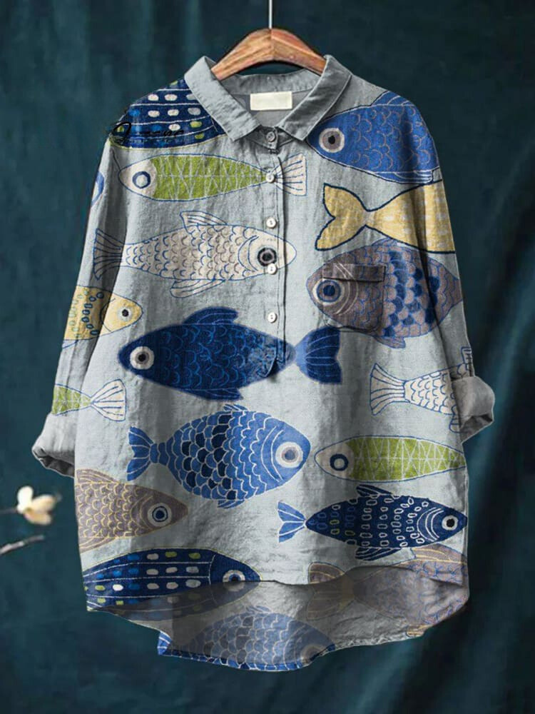 Vintage Lovely Fish Art Print Casual Cotton And Linen Shirt