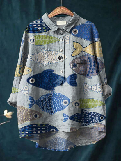 Vintage Lovely Fish Art Print Casual Cotton And Linen Shirt