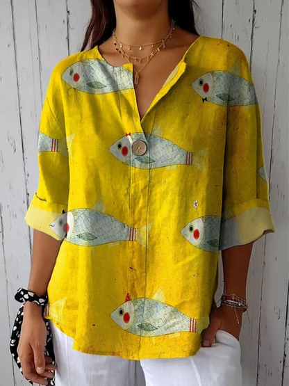 Women's Vintage Fish Art Print Casual Cotton And Linen Shirt