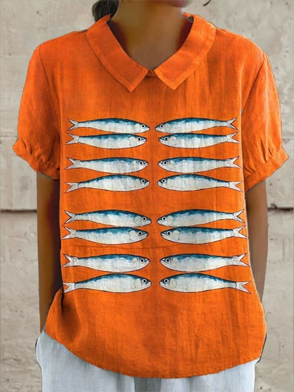 Women's Vintage Fish Art Print Casual Cotton And Linen Shirt