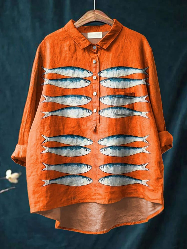 Women's Vintage Fish Art Print Casual Cotton And Linen Shirt