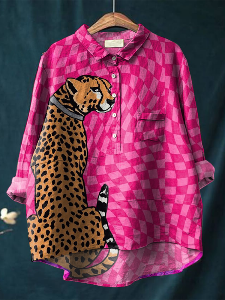 Cute Check Cheetah Print Cotton and Linen Long Sleeve Shirt