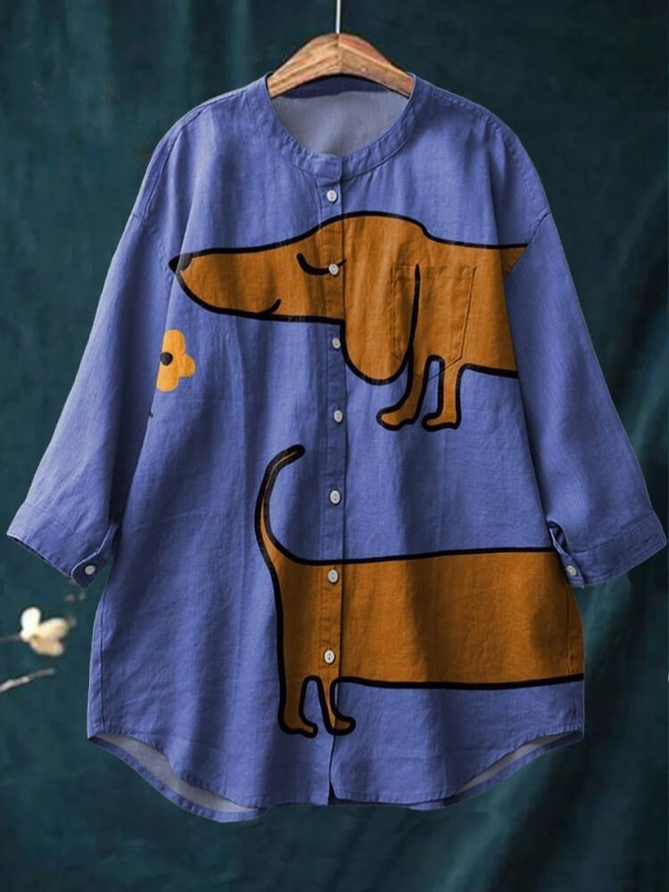 Cute Dachshund Floral Art Print Cotton and Linen Long Sleeve Shirt