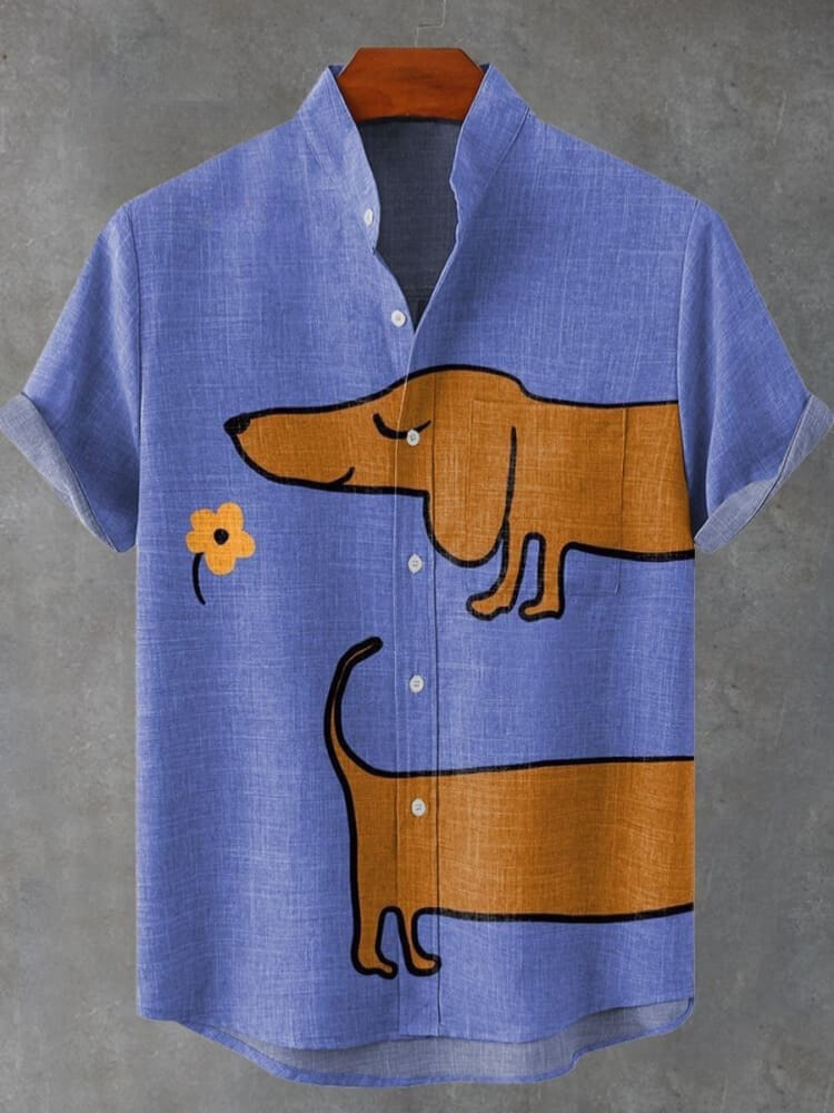 Cute Dachshund Floral Art Print Cotton and Linen Long Sleeve Shirt