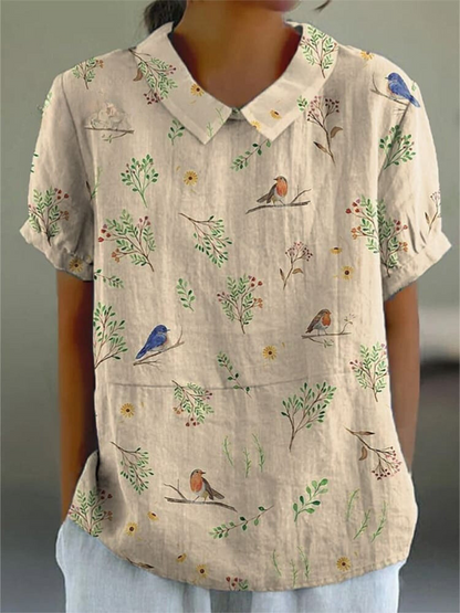 Boughs And Robin Birds Pattern Printed Women's Casual Cotton And Linen Shirt