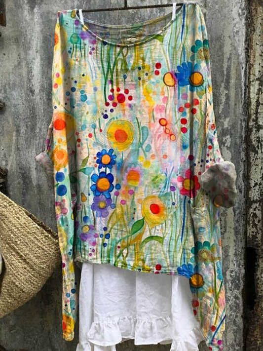 Women's Vintage Watercolor Floral Art Print Casual Linen Cotton Pullover Top