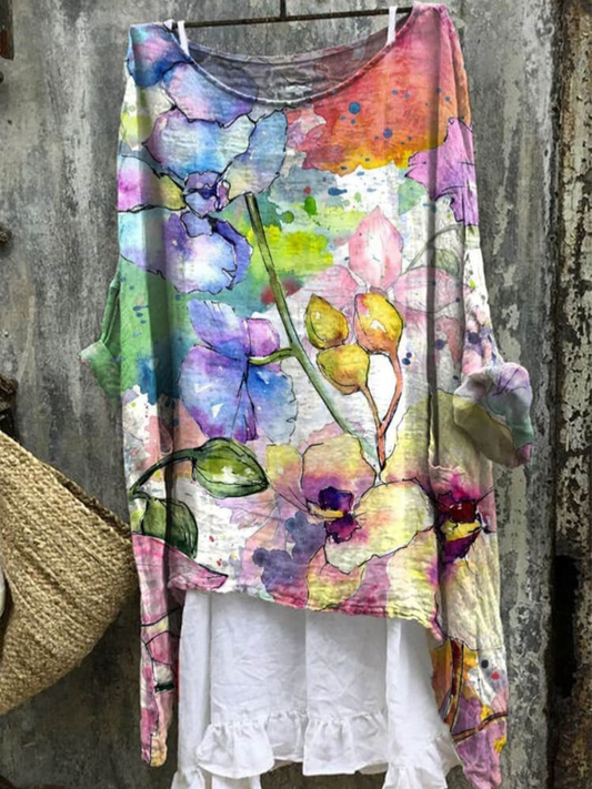 Women's Vintage Watercolor Wildflower Orchid Art Print Casual Linen Cotton Pullover Top