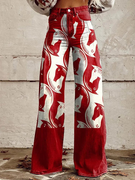 Women's Retro Pattern Print Casual Wide Leg Pants