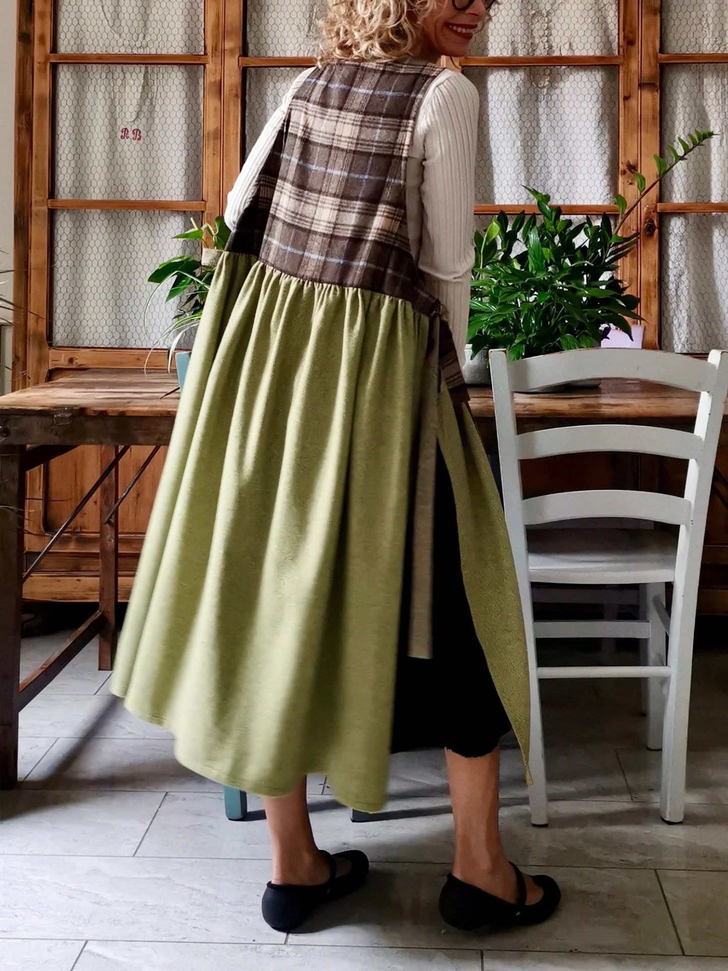 Brown Green Patchwork Cotton Apron