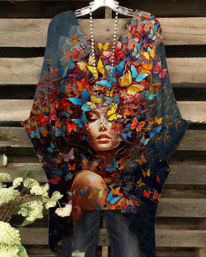 Butterfly Oil Painting Face Printed Casual Blouses