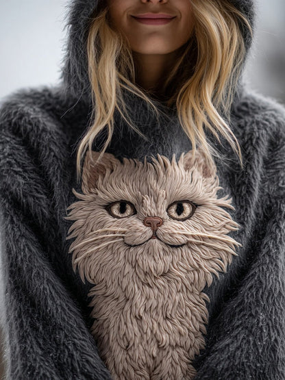 Cute Fuzzy Cat Embroidered Cozy Hooded Sweater