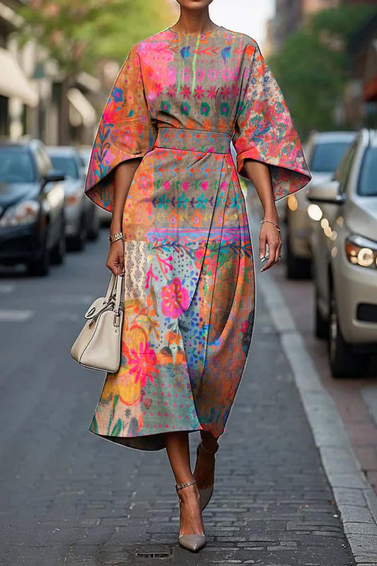 Women's Vintage Elegant Floral Heart Print Midi Dress