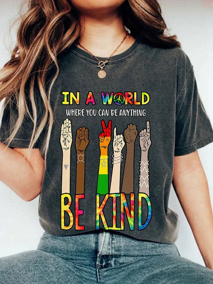 Retro Hippie In A World Where You Can Be Anything Be Kind Print T-Shirt