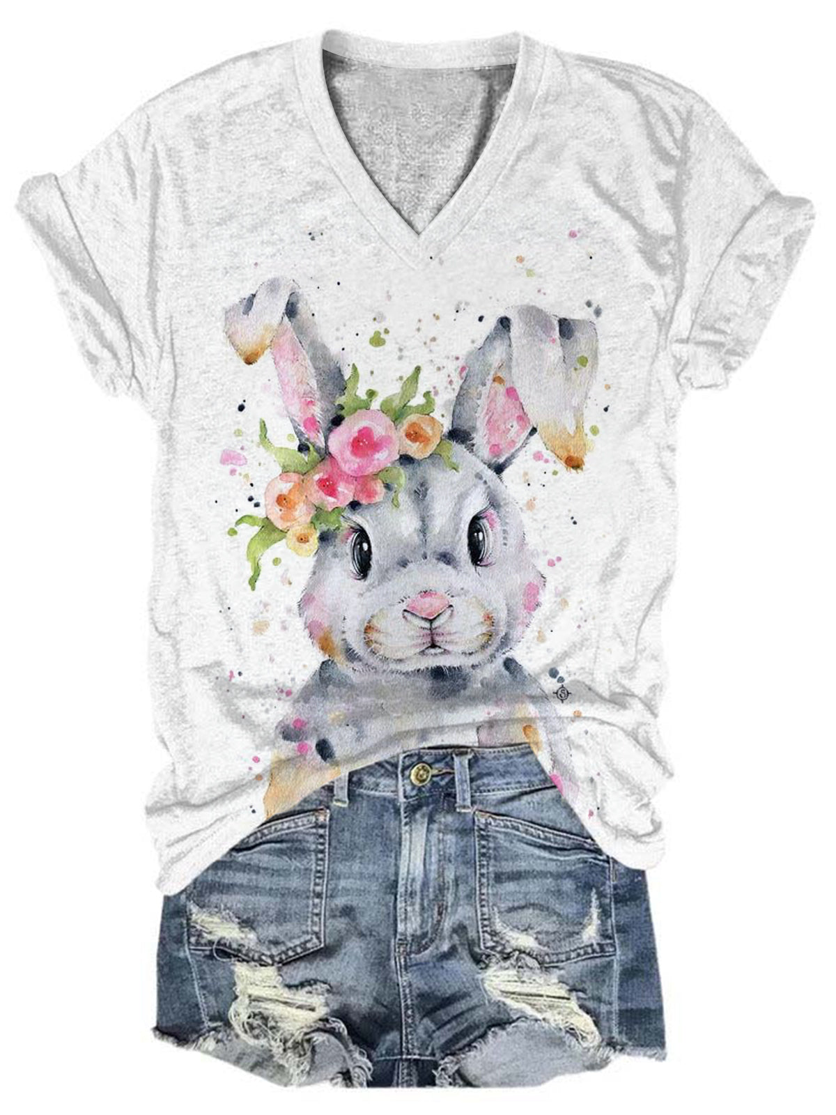 Women's Easter Bunny Print Solid T-Shirt