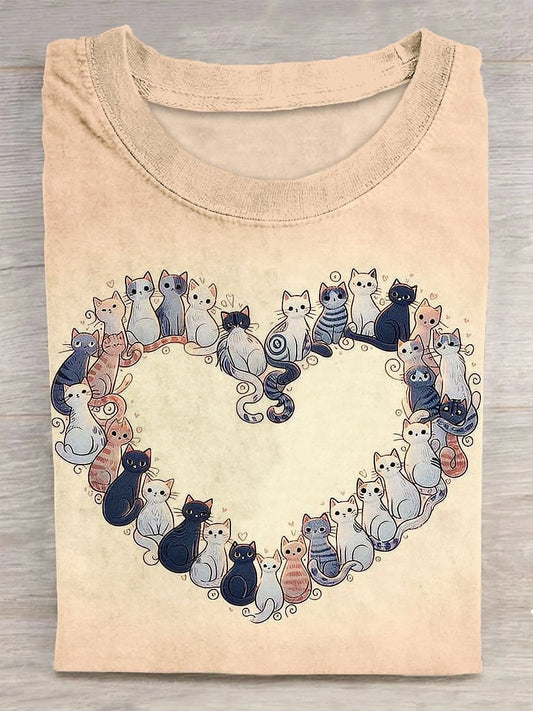 Valentine's Day Love Cats Print Casual T-shirt