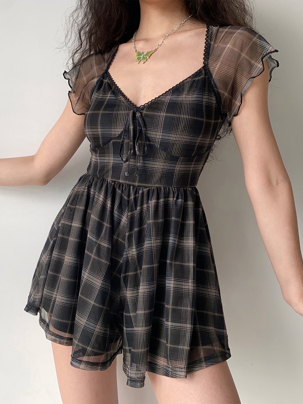 Milly Plaid Lace Square Neck Mini Dress