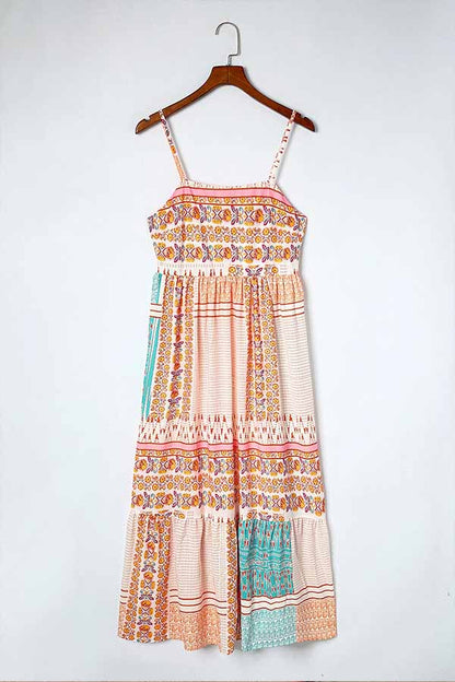 Multicolor Boho Patchwork Print Square Neck Sundress