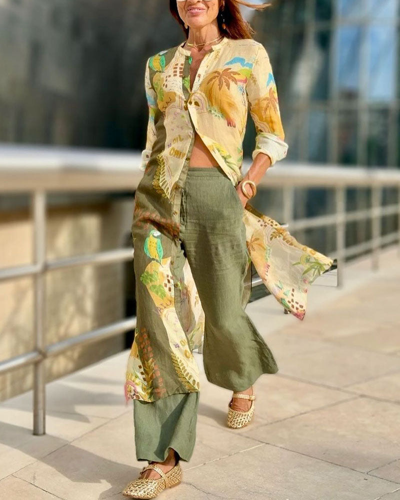 Casual long printed shirt and cotton and linen trousers two-piece set