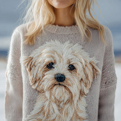 Lovely Fuzzy Dog Embroidered Crew Neck Cozy Sweater