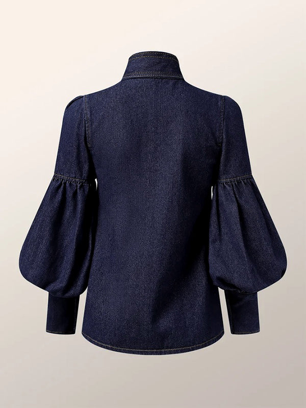 Long Sleeves Puff Sleeves Bow-Embellished Buttoned Split-Joint Tied High Neck Blouses&Shirts Tops